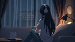 dark 3d anime style, close up in the foreground back to the camera a woman sitting on sofa with her knees pulled to her chest.. in comfortable t-shirt and jeans clothes.. her is normal body not too thin,,Her face is not visible at all. She long dark hair partially covering the side of her head. a headphones on her head and near a table with one mug and a mobilphone on table, heavy dark courtains covers window suggesting to shut out the outside world. She is facing the window,