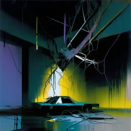 Minimal abstract oil painting of a car wreck limbs sinew. in concrete warehouse brutalist architecture and hanging wires illuminated at night. With triadic colours. In the style of Justin Mortimer and Phil Hale, Ashley Wood