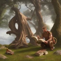 A legendary miniature with a big muscular body reading a book under a tree by the lake, 3D, realistic, magical painting, full and detailed painting components, Hollywood quality, 4K, 8K