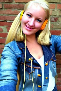 blonde taking selfie.thick thighs,thick calves,flat belly,curvy fell. NOVEL kind of bolero is sewed of recycled rough Denim, which condescends with integrated bag[SIC]. It is sewed together of camouflage pieces, whose color are all denim colors, orange, cream, brown and purple. Big colored headphones (gold rings!) is merged with small felt cap with small visor. It is with big bright purple felt tippet and birght-colored-hood is merged with colorful beanie. Style: 1980's Finland