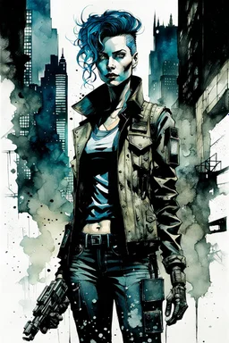 create a negative and juxtaposed ink wash and watercolor full body portrait illustration of a female cyberpunk private detective with prosthetic arm in flak vest, with highly detailed , sharply defined feminine facial features, in a chaotic, turbulent, otherworldly London in the graphic novel style of FRANK MILLER, and BILL SIENKIEWICZ, precisely drawn, inked, with dramatic edges, chiaroscuro