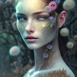 Portrait of beautiful girl, face dept of field, plant, metal, feathers, Dryad, fae, sidhe, ominous, nature, plants, wildflower, facepaint, dnd character portrait, intricate, oil on canvas, masterpiece, expert, insanely detailed, 4k resolution, retroanime style, cute big circular reflective eyes, cinematic smooth, intricate detail , soft smooth lighting, soft pastel colors, painted Renaissance style,sharp fucus, bokeh,macro lens, 1500mm lens