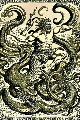 Hercules fighting the hydra in the style of alchemical art