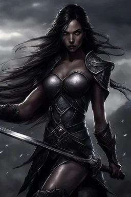 SA female elf with skin the color of storm clouds, deep grey, stands ready for battle. Her long black hair flows behind her like a shadow, while her eyes gleam with a fierce silver light. Despite the grim set of her mouth, there's a undeniable beauty in her fierce countenance. She's been in a fight, evidenced by the ragged state of her leather armor and the red cape that's seen better days, edges frayed and torn. In her hands, she grips two daggers, add dark shadow mystic purple flames