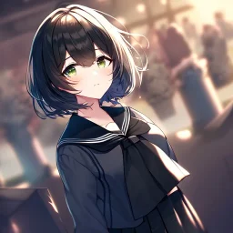 Clear focus, High resolution, fluffy black short hair, dark green eyes, wearing a black sailor uniform and pleated black skirt, fluffy hair, detailed outfit