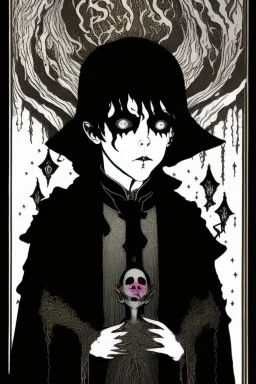 7 year old boy, necromancer, friendly, looks dead, surrounded by weird smoke with eyes, wearing black robes, in the style of Harry Clarke