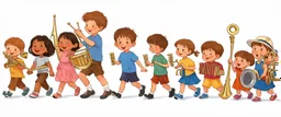 children joyfully marching in a band. Digital painting illustration