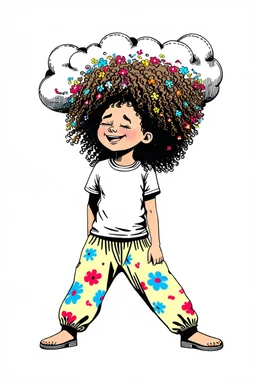 Whimsical stylized illustration of a cute toddler girl with an enormous, chaotic cloud of frizzy curly hair, scribbly hair textures with colorful tiny flowers tucked in, head tilted back with a smug mischievous grin and closed eyes. She is in a dynamic, playful wide-legged stance, leaning low to one side with one hand on her knee. Wearing an oversized white t-shirt and baggy cream pants featuring large, bold retro 70s floral patterns in blue, red, and yellow. BING
