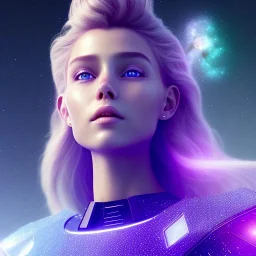 A portrait of a transparent crystalline girl,smiling, longs blond hairs, green eyes, galactic dress, atmospheric, realistic, cinematic lighting, octane render, purple and blue sky, nebula, stars, planets in background, spaceship in background