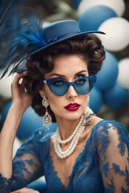 full body beautiful girl, elegant blue lace clothes of the 80s, luxury style, small elegant hat with feather, hair of the 80s, pearl necklace, earrings masterful, beautiful face