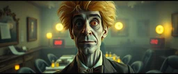 high class realism, dented skin, victorian era, cyber punk, A really close up portrait of one person individually mutated with hairy wigs glowing, messed up uranium creatures in a dimly lit boardroom, with playful expression. The room is filled with scattered papers, glowing vials, and miniature nuclear reactors. Style: whimsical digital illustration, cinematic lighting, colorful