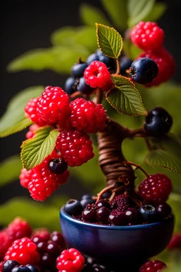 closeup creative bonsai tree with raspberries, blueberries, red currants, blue and pink flowers