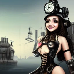 great illustrator, spanish, realistic rendering of a cute girl, beautiful, steampunk syle, black and white. Helmet with tubes. smiling. Machinery in the background. robotic bird flying. High details. 4k. unreal engine