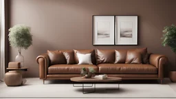 Home interior mock-up with brown leather sofa, table and decor in living room, 3d render
