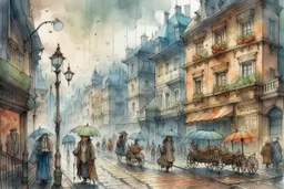 street with some people. Rain and fog. Rainy day. Jean-Baptiste Monge style, watercolor, ink. Picturesque and colorful. Modifiers: highly detailed intricate 8k beautiful award winning fantastic view very cute no watermark Yasek yerka