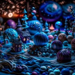 Detailed cozy landscape made of modeling clay, naïve, Tim Burton, stars and planets, Harry Potter, strong texture, extreme detail, decal, rich moody colors, sparkles, clean, bokeh, odd