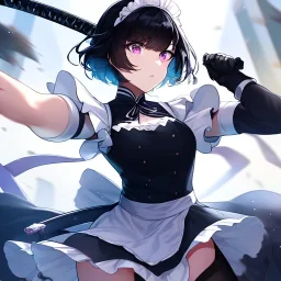 Clear focus,High resolution, Black short fluffy hair, and purple eyes, wearing a maid outfit, must wear a short skirt, holding a glowing katana, fighting stance