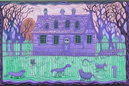 A light purple haunted prison with slimy ghosts designed in Kuna molas painted by Edgar Degas