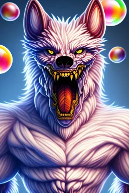 Muscular cotton candy werewolf made of candies and lollipops, sharp teeth, monstrous face, staring at you, drooling