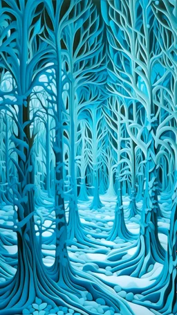 A cyan forest with frozen trees painted by MC Escher