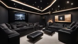 black themed home cinema room, recliners, ambient lighting, warm environment