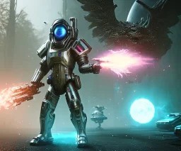 Full scale Epic Character design, strong Alien Male galaxy void soldier wearing metal armor with glow, mist, photorealistic, octane render, unreal engine 5 style, ultra detailed, volumetric lighting, Dark Alien planet, wearing a helmet and a cape, produly holding a rifle, detailed face, detailed rifle