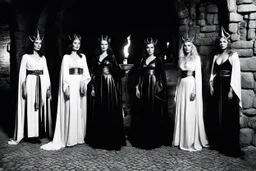 three 3 sorceresses [high res photo of three women by Helmut Newton] Amidst the flickering torchlight of the medieval tavern, three enchanting sorceresses stood side by side, their mystical auras shimmering with an otherworldly allure. 🔥 Clad in flowing robes that accentuated their every movement, they exuded an air of command that silenced the rowdy patrons. Each of them possessed an undeniable presence, their gazes cutting through the haze of smoke and ale, demanding respect. ⚡