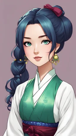 Maomao in manga series The Apothecary Diaries. Light skin, Dark green hair, blue eyes, two low ponytails, which she drapes over her shoulders and ties with decorative beads, Half-up hairstyle with a blue bow keeping the upper section in a messy bun. wear aoqun hanfu with a light green top and a long, burgundy skirt. inner layer of her top is white and the collar is pale and dark green. dark green flats. A light blue ribbon holds her hair back. highly detailed, dynamic lighting,realism photograph