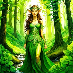 create an oil and watercolor full body portrait of a forest elf enchantress fantasy art character, with highly detailed, sharply lined facial features, in the deep spring forest of Brokilon , finely inked, soft Spring colors, 4k in the style of Maxfield Parrish