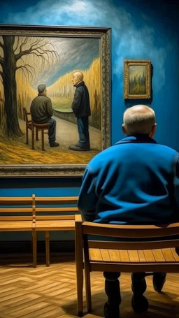 a rear view of a handicapped man sitting on a bench facing a surrealism of Van Gogh picture on the wall , show from the back