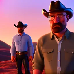 Walter White and his family with a cowboy hat, 8k, realistic body, with a fedora, sunset background,