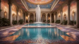 Superb pictorial multicoloured mosaic floor, tapestry-lined walls, swimming pool, fountain, relaxation, luxury, dream world, calm beauty, symmetry, fantasy world, magic, beautiful composition, exquisite detail, 135mm lens, adjust perspective, chiaroscuro, dynamic lighting