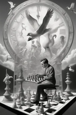 news paper journalist harlequin playing burning chess geese reptiles on racing field with twisted ladders in a confused look on his face in front of a huge glass prism clock with angels, in the style of Escher