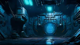 Futuristic, Sci-fi, Underground Complex, Enormous Room, Control room, Giant wall monitor, Gritty, Rusty Look, Metal Dark-Blue painted walls, Dim Lights, High-Detail, Clear