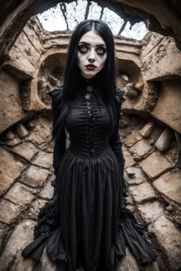 Closeup tall Girl goth with big eyes, ragged clothes, fullbody, inside valves, the perspective looking up from the bottom of an empty well , 8k,macro photography,