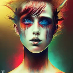  high lit eyes, punk, singer Danish MØ face, style Abstract portrait, darkred tones,
