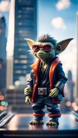 Hairy Gremlin pimp ninja on hipster star ship parked on top of sky scraper,bokeh like f/0.8, tilt-shift lens 8k, high detail, smooth render, down-light, unreal engine, prize winning