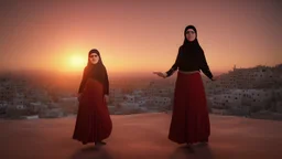 A Palestinian girls have wings wearing an palestinian dress in gaza during sunset in winter.