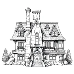 A detailed ink illustration of a front elevation of a fantasy house, with a tall chimney, rooms and floors added to the sides and roofs.