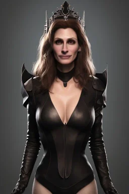 Julia Roberts as evil queen in black leather, leather, busty, cleavage, angry, rage, stern look. character design by cory loftis, fenghua zhong, ryohei hase, ismail inceoglu and ruan jia. unreal engine 5, artistic lighting, highly detailed, photorealistic, fantasy