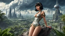 Photorealistic, full Body Photo Of A slim Exotic Sci-Fi Pin-Up Girl, With dark Hair and Bangs, on an alien jungle Planet With Cloud Trees, Tall Spires, Buildings, Bridges, Arches, a stormy skyline, with lightning