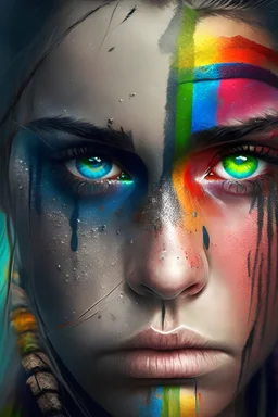 Beautiful girl with rainbow eyes, warrior, strong, sad, resilient.