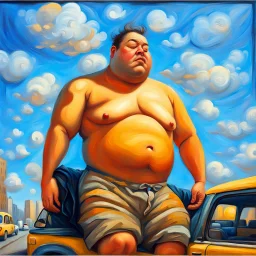 a fat man sleeps in a street in a taxi oil painting