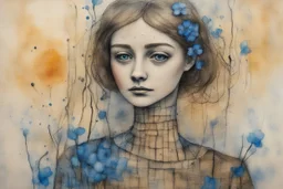 painted and burned burlap, forget-me-not woman, styles of Paul Klee Dee Nickerson and Tim Burton, melting watercolor and black ink outlines on wet paper, soft, shading strokes, in sunshine, ethereal, otherwordly, cinematic postprocessing, bokeh, dof