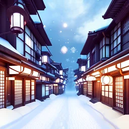 The small empty street in Japan is covered with snow, the sky is cloudy and it is snowing, the lights of houses and shops are bright, there is a beautiful view of the city، high details, high quality, dream , old anime style, unreal engine, midjourny v4