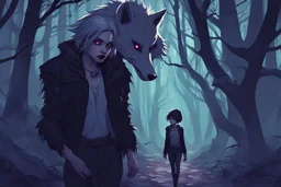 vampire girl showing fangs with short cropped cyberpunk hair wandering with her wolf in tangled forest in the moonlight