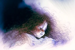 Small girl with long curly brown hair sleeping in god's hand (a big, clear hand) watercolor and ink, backlit, mist and fog