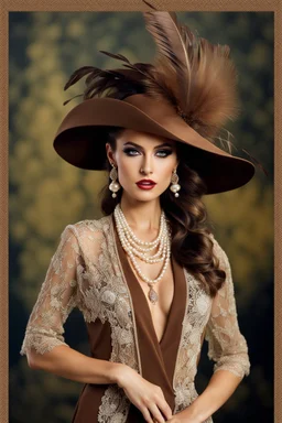 full body beautiful girl, elegant brown lace clothes of the 80s, luxury style, small elegant hat with feather, hair of the 80s, pearl necklace, earrings masterful, beautiful face