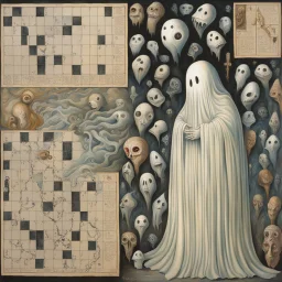 Creepy ghost in flowing crossword puzzle sheet, crossword puzzle pattern, by Tim Burton, by Shaun tan, by Gerald Scarfe, comic hyperreal, intricately detailed, matte alcohol oil paintings.