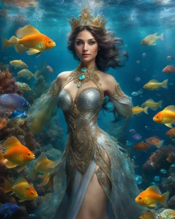 Fullbody excellent pose gorgeous Queen photography art realistic,cinematic colors,soft blur ,natural beauty, of young woman, smiling, beautiful, shiny grey eyes, make up,Queen Persian style, shiny baubles, ornate, large gemstones, shiny molten metalics, shiny wire filigree, brown hair, high definition, Walk in underwater scene teeming with colorful fish nemo, many full fishes swim, and gentle sea turtle